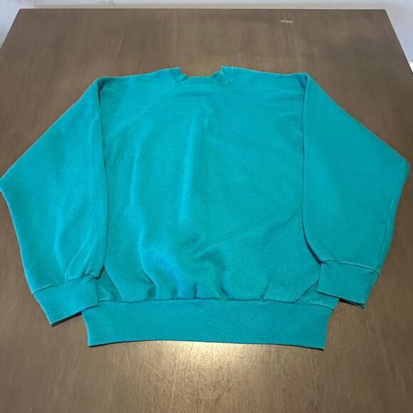VINTAGE 90s TULTEX BLANK CREWNECK SWEATSHIRT TEAL BLUE MENS LARGE Made in USA - Picture 1 of 6